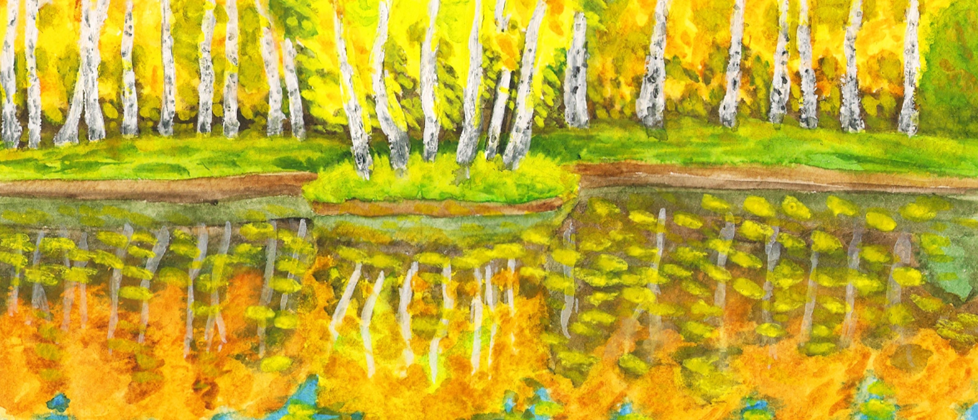 Irina Afonskaya / Autumn landscape with island with yellow birches / 2012
