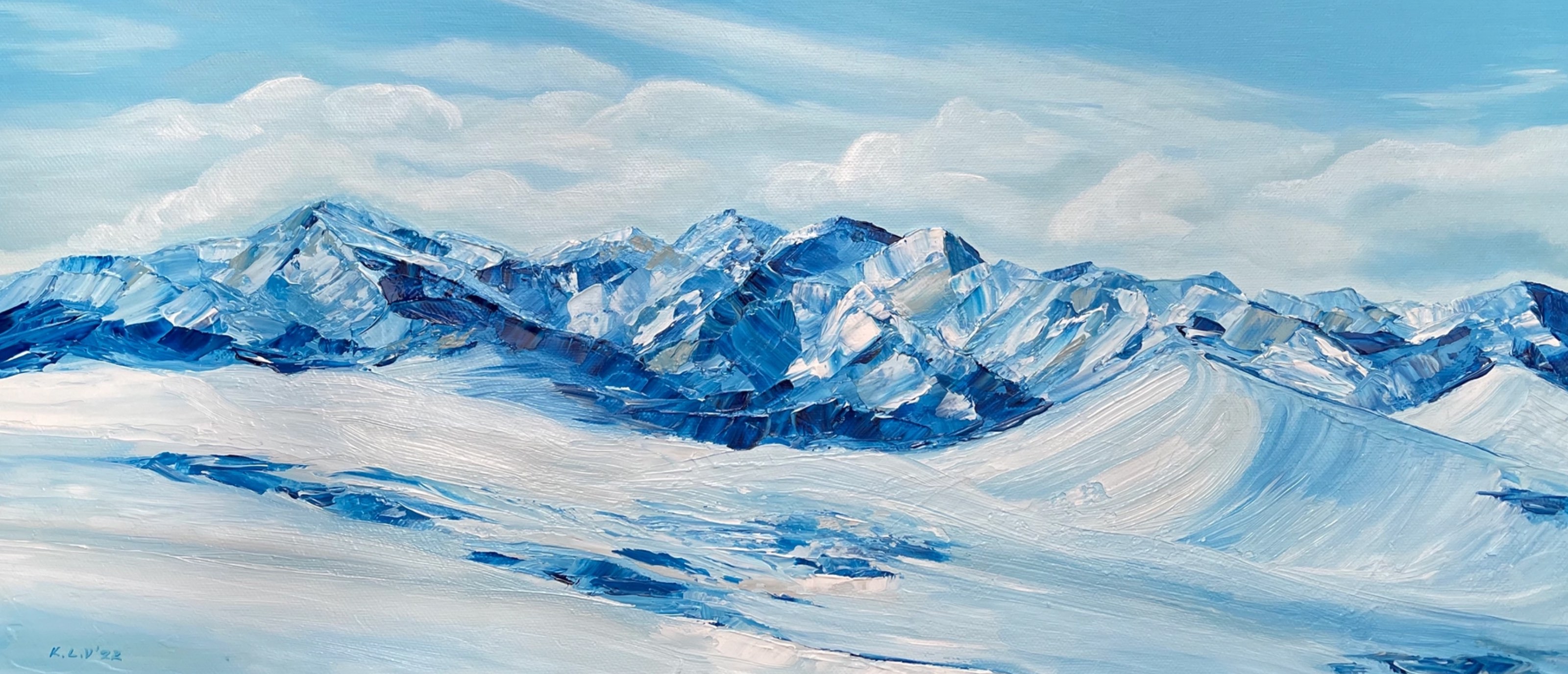 Khaldzhidis Liza / Caucasian mountain range, pass, blue rocks and mountains, white snow, glacier. Painting / 2022